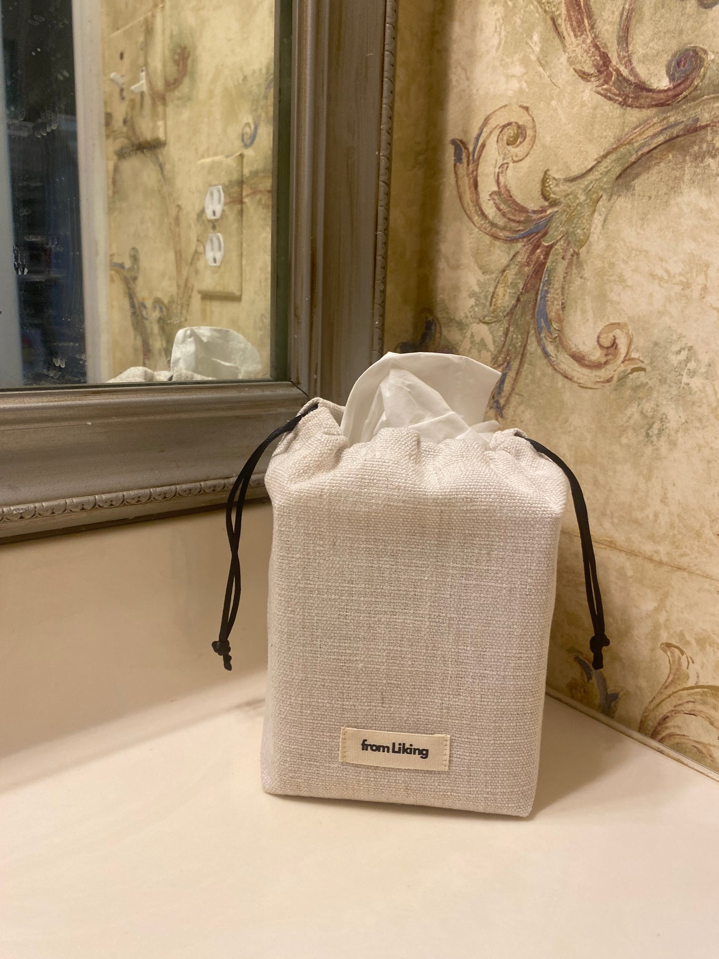 Fabric Tissue Box Cover – Minimalist Linen Style, Drawstring Design