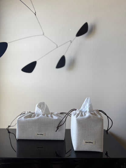 Fabric Tissue Box Cover – Minimalist Linen Style, Drawstring Design